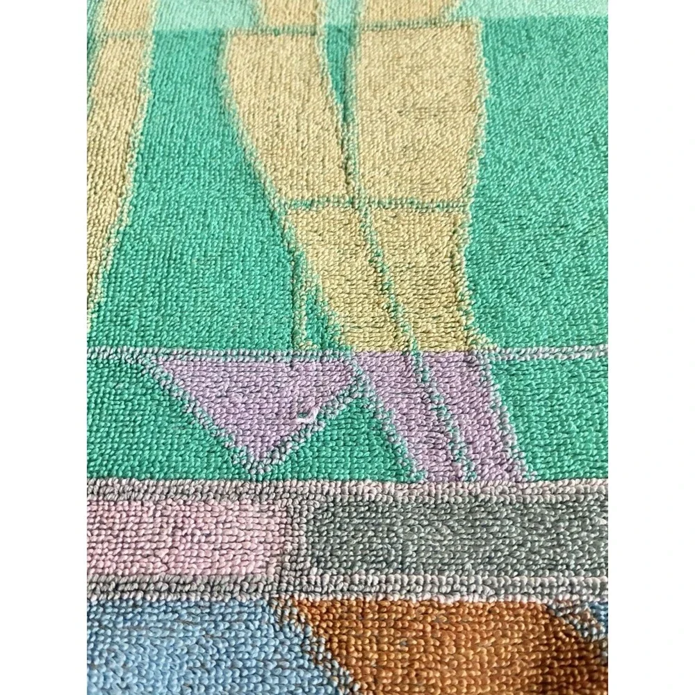 Vintage Royal Terry Beach Towel Flowers Tulips Pastel Floral Geometric Yellow